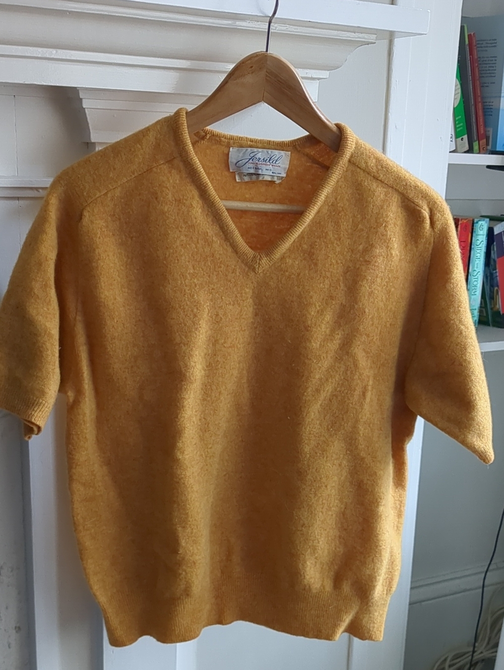 Vintage Jersild 100% Wool Short Sleeve Sweater Mustard Yellow V-Neck Medium